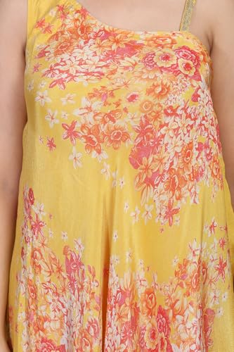 W for Woman Yellow Floral Printed Zari Work A-Line Tissue Dress - (W13202-126222-XS)