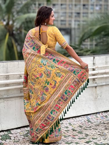 Pandadi Saree Women's Yellow Pashmina Kashmiri Silk Saree With Unstitched Blouse Piece