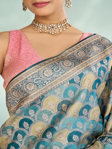MOHEY Women's Art Silk Stone Work & Woven Saree with Blouse Piece (Blue)