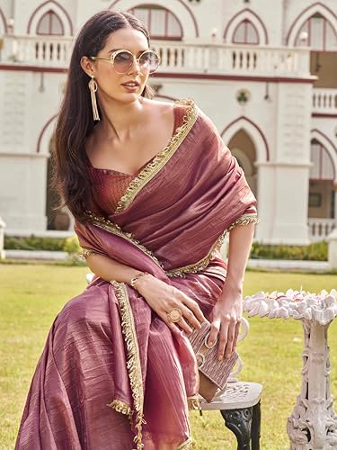 Womanista Women's Organza Solid Embellished Lace Saree With Un-Stitched Blouse, Pink