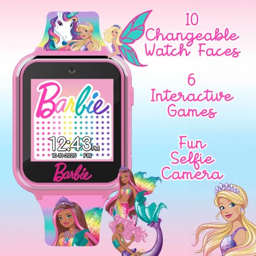 Barbie Kids Smartwatch - Interactive Fun with 10 Watch Faces, Camera, Games, Alarm, Step Tracker & More - Stylish Gift for Girls with Printed Unicorn & Mermaid Straps - Fits Wrists 5.5'' to 8.5'',