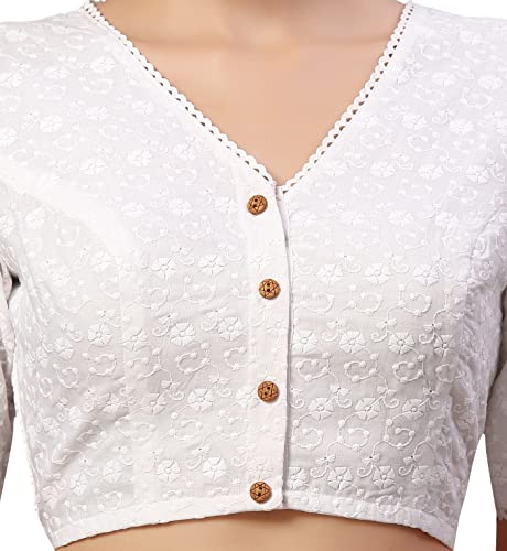 Studio Shringaar Women's Readymade Natural Cotton Elbow Length Sleeves Chikankari Saree Blouse (White, 50)