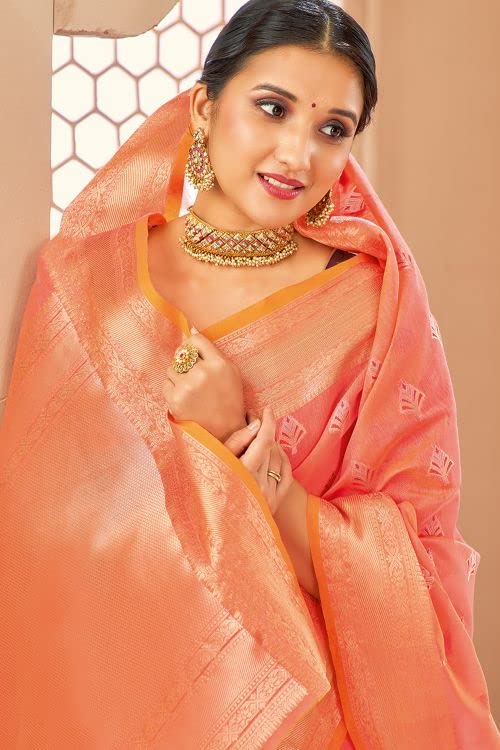 KARAGIRI Womens Banarasi Silk Peach Saree With Blouse Piece