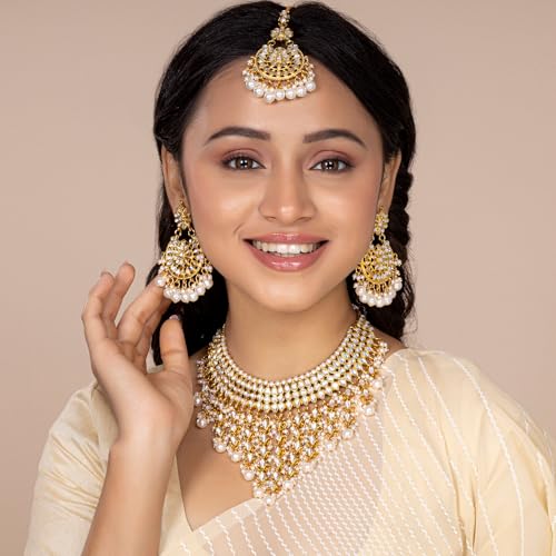 Peora Kundan Pearl White Choker Necklace Earrings Maang Tikka Women