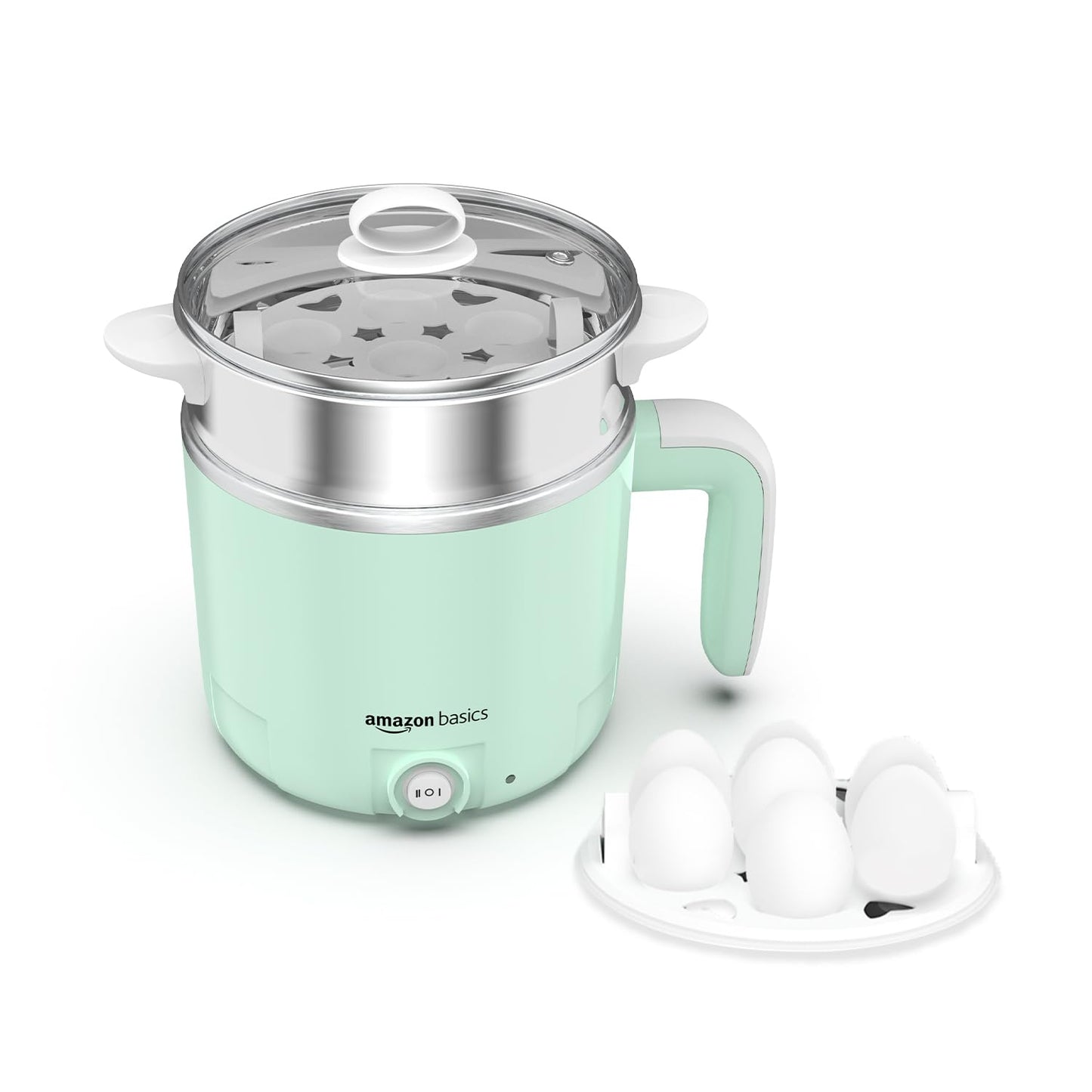 Amazon Basics Multi-Cook Pot Kettle 1.2L | Adjustable Power Modes 325 W and 650 W with 7 - Egg Tray and Steamer | SS 304 Steel | Automatic Overheat Protection | Multipurpose Cooking - Boil Water, tea, Noodles, Steam Rice