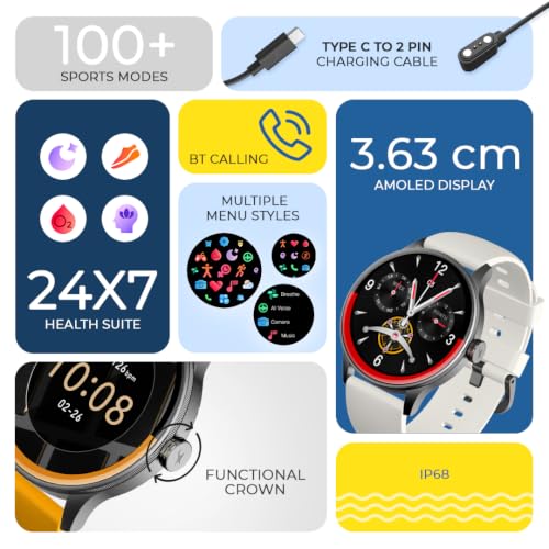 Fastrack Smart Jupiter R3 Pro with 1.43" AMOLED Round Display, BT Calling, Heart Rate, REM Sleep & Stress Tracking, IP68, Functional, AI Assitant, Hydration Alert Smart Watch for Men & Women - Grey