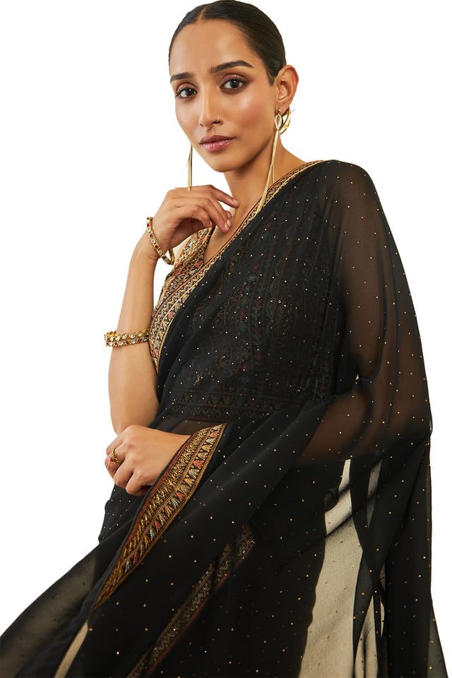 Soch Womens Black Georgette Saree With Stones And Embroidery