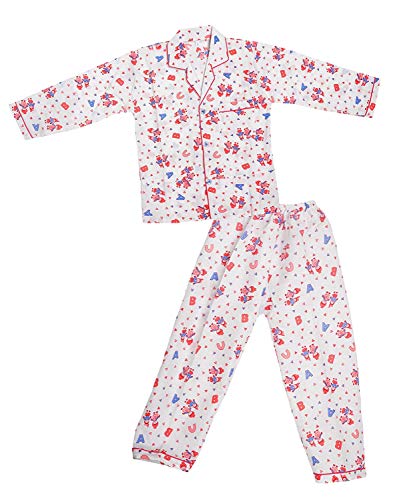 Krystle Night Suit Night Wear for Baby Girl 100% Cotton Collar Shirt and Pyjama Set (White, 5-6 Yrs)