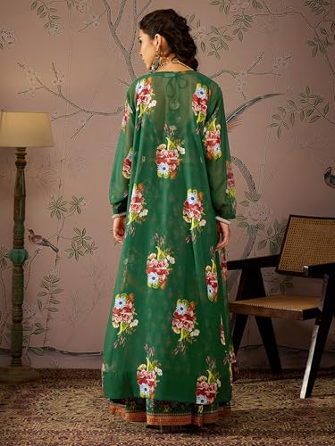 Green Multi Floral Crop Top With Anarkali Skirt & Shrug