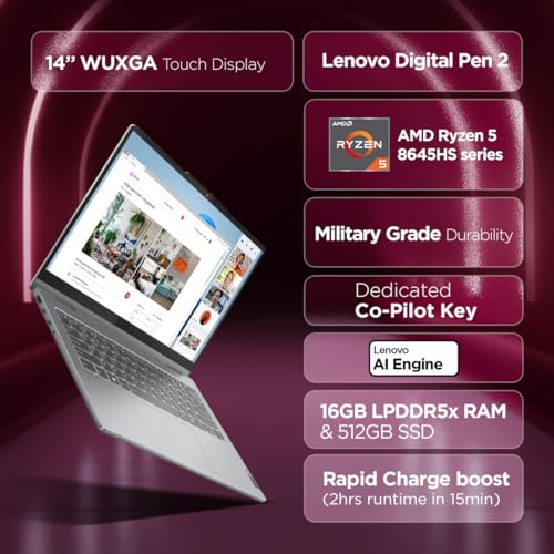 Lenovo Ideapad 5 2-in-1 AMD Ryzen 5 8645HS 14" (35.5cm) WUXGA IPS 300Nits Convertible Laptop (16GB RAM/512GB SSD/Win 11/Office Home 2024/Backlit KB/FPR/FHD Camera/Grey/1.6kg), 83DR007CIN