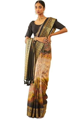 Soch Womens Brown Tussar Abstract Print Saree With Tassels(8907175714386)