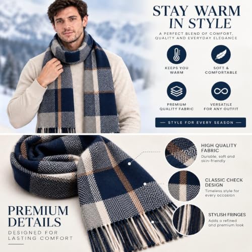 Krystle Men’s Winter Woolen Muffler Scarf | Warm Soft Checkered Plaid Neck Wrap | Stylish Winter Scarf for Men | (Blue,Free Size)
