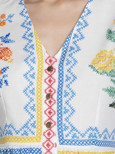 SHAYE White V-Neck Floral Print Three-Quarter Sleeves Casual Dresses for Women