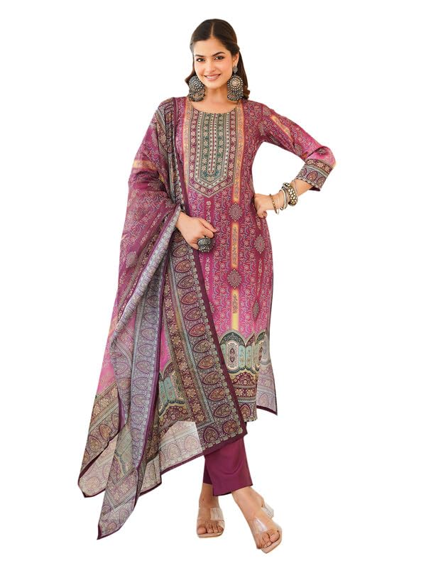 Vaamsi Women's Purple Rayon Printed Straight Kurta Pants With Dupatta Set | Festive Straight Kurta Set For Women | Printed Salwar Suit For Women (SKSKD3057, 4XL)
