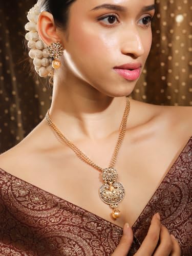 Rubans Women's 22K Gold-Plated Beige Cz-Studded Pearl Beaded Handcrafted Jewellery Set