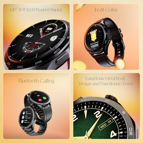 boAt Enigma Radiant Luxury Watch for Man w/1.43"(3.63 cm) AMOLED Display, AOD, Premium Metal Build, Round Dial, 200+Watch Faces, Upto 7 Days Battery Life, Fitness smartwatch for Men (Active Black)