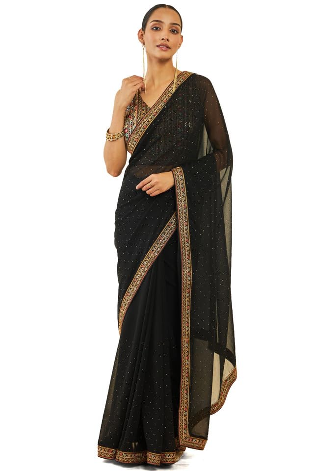 Soch Womens Black Georgette Saree With Stones And Embroidery