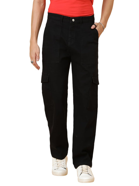 KOTTY Men's Solid Mid Rise Straight Fit Stylish Looking Cargo Jeans(Black,34)
