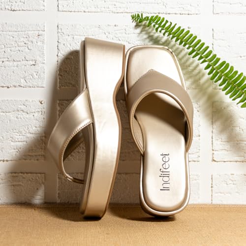 Indifeet Thong Wedge Heels for Women, Metallic, UK 6
