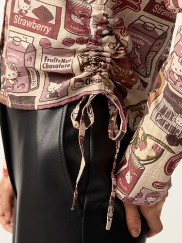 The Souled Store Hello Kitty: Delish Women and Girls Full Sleeves Spread Collar Beige Graphic Printed Viscose Polyamide Slim Fit Lightweight Winter-Ready Shirt for Casual Wear