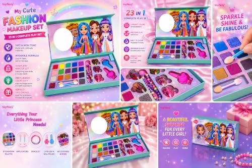 Kids Washable Makeup Kit for Girls with Mirror, Pretend Play Cosmetic Set, Eyeshadow Palette, Lip Gloss, Brushes & Accessories Gift Toy