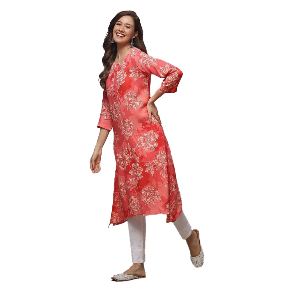 BIBA Rayon Women Printed Straight Fit Mix and Matchkurta (Retro Fl19328_Coral_38), Pink