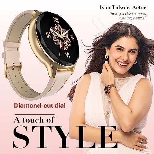 Noise Diva Smartwatch with Diamond Cut dial, Glossy Metallic Finish, AMOLED Display, Mesh Metal and Leather Strap Options, 100+ Watch Faces, Female Cycle Tracker smart Watch for Women (Gold Link)