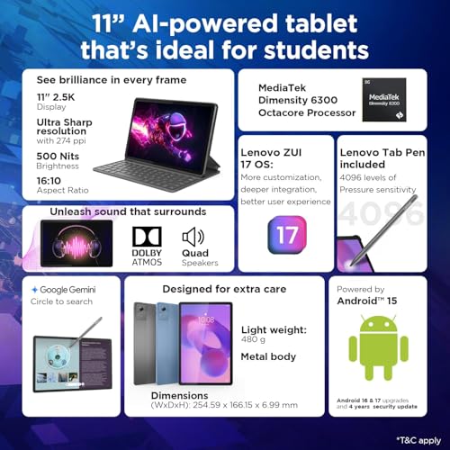 Lenovo Idea Tab with Folio Keyboard + Tab Pen | Wi-Fi + 5G |11" Display, 2.5K Resolution, 90Hz Refresh|8GB RAM, 256GB ROM| MediaTek Dimensity 6300| 7040mAh|4 Speakers| USB-C| Luna Grey