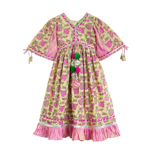 Hopscotch Girls Yellow Full Sleeves Lace Embellished Floral Cotton Dress for Age (5-6 Years)