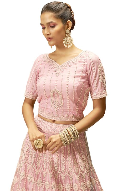 Soch Womens Pink Net Floral Embroidered Sequin Embellished Unstitched Lehenga Set