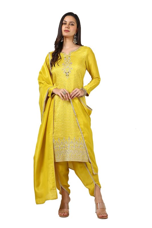 Soch Womens Mustard Tissue Woven Design Suit Set With Cutdana