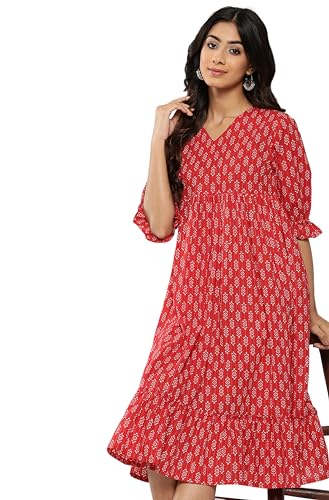 Janasya Women's Red Cotton Ethnic Motifs Printed Flared Dress(JNE4200-DR-XL)