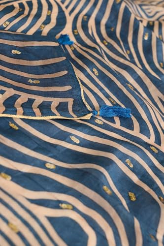Taneira Women Dark Blue Murshidabad Block Print Pure Silk Saree with Unstitched Blouse Piece (SAIH01AC1467-Dark Blue)