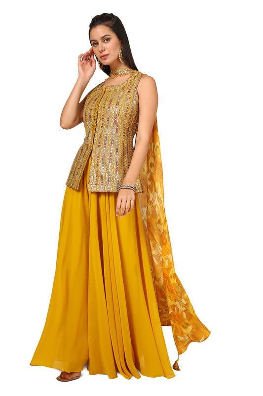 Soch Womens Mustard Georgette Blend Embroidered Suit Set With Sequins