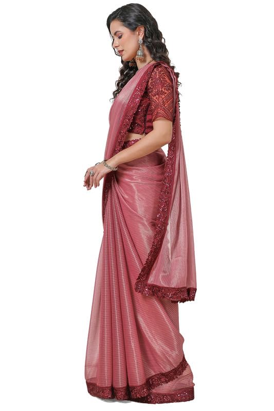 Soch Womens Onion Pink Chiffon Striped Saree with Sequin Lace Border