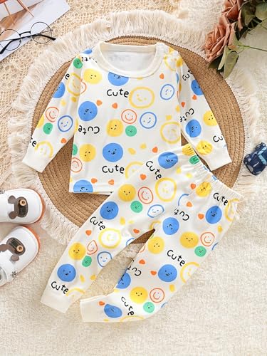 Bold N Elegant Full Sleeve Cotton Fun Cute Cartoon Print Colorful Tshirt & Pajama PJ Sleepwear Casual Clothing Set for Infant Toddler Baby Boy Girl Kids (1-2 Years, Off-White)