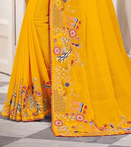 Laxmipati Haldiya Yellow Chiffon Floral Embroidered Saree