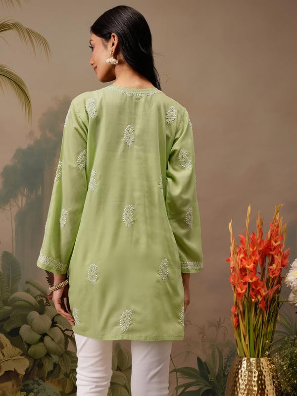 Ada Women Cotton Relaxed Fit Hand Embroidered Green Short Kurta Kurti Lucknow Chikankari Top Tunic A911461 (XS)