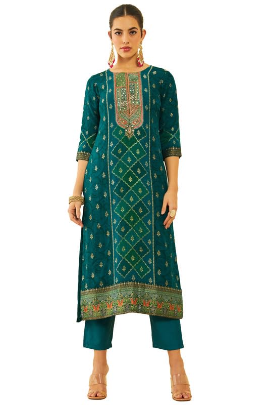 Soch Womens Green Brocade Kantha Print Suit Set with Cutdana Work