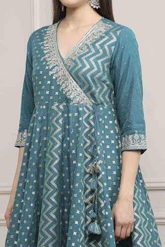 Biba Women Teal Green Poly Cotton Anarkali Suit Set_36