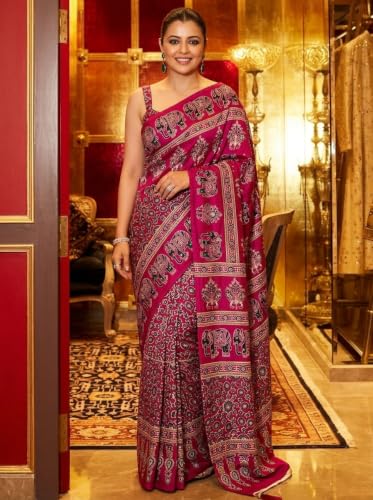 ORHANS Women's Modal Silk Saree with Unstitched Blouse Piece Animal Printed Pattern and Elephant Theme | Womens Ethnic Sarees | Sari for Womans | Stylish Saree fo Women Lightweight