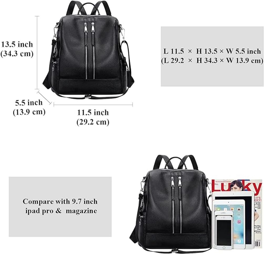 Comfabie Fashion Leather Backpack Purse, Convertible Shoulder Bag, Multi-compartment Design (Black)