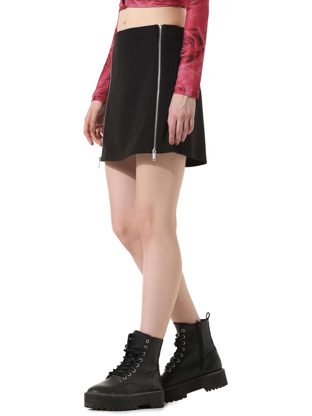 ONLY Women Solid Polyester Blend Above Knee Mid Rise Black A-line Skirt