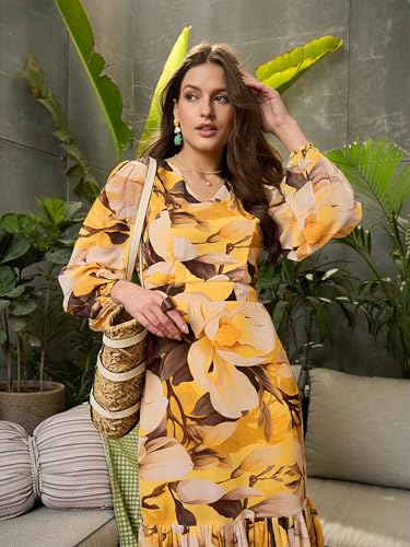 Yellow Floral Baloon Sleeve Midi Dress