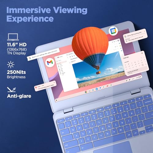 Lenovo {SmartChoice Chromebook, Intel Celeron N4500, 4GB RAM, 64GB eMMC, HD, 11.6"/29.46cm, Chrome OS, Blue, 1.21Kg, 2Wx2 Stereo Speakers, HD Camera, 82UY0014HA, Laptop