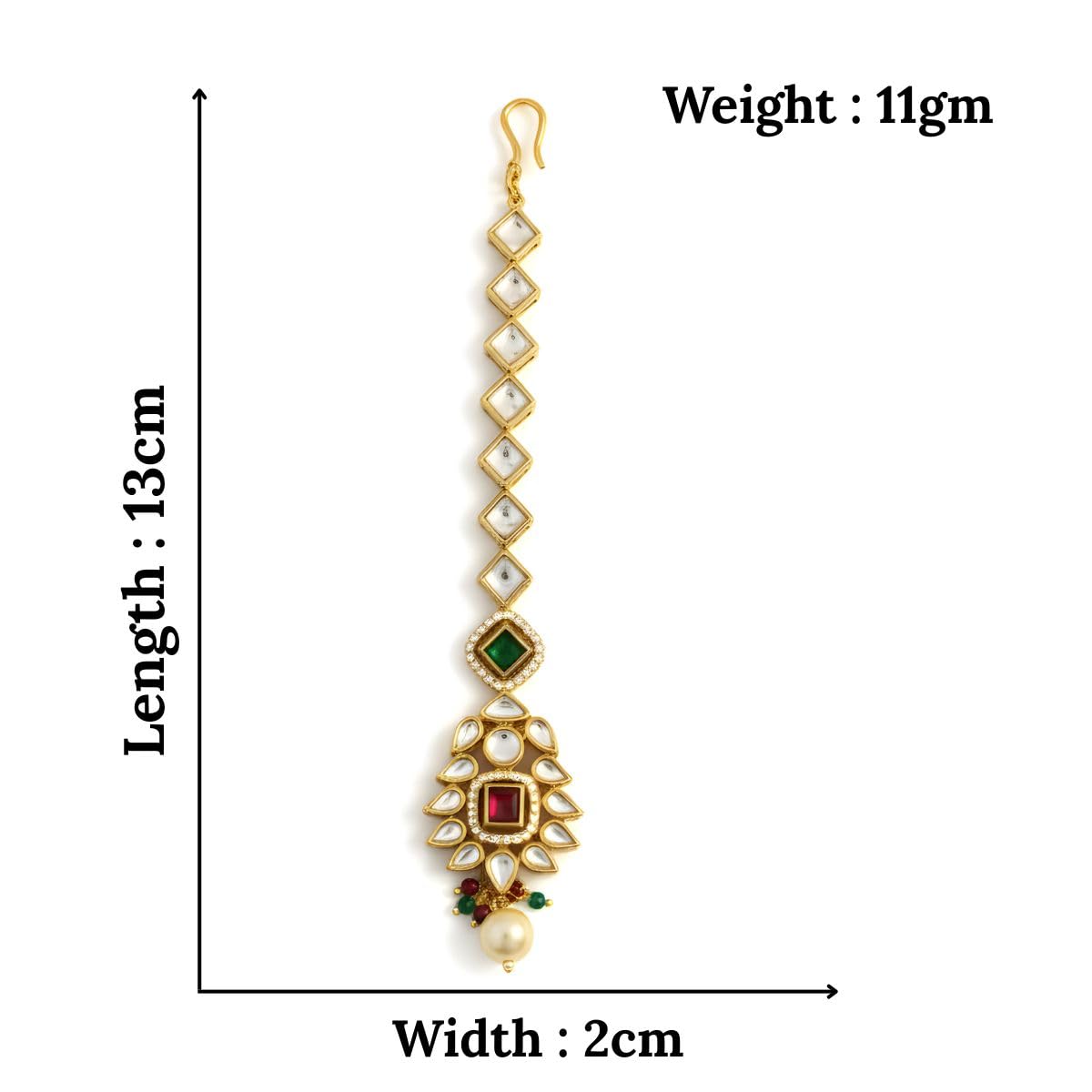 Iksava Elegant Traditional Polki Kundan Maangtika for Women & Girls | White Stone Bridal Forehead Tikka with Pearl Drop | Ethnic Hair Accessory for Wedding & Festive (Multi)