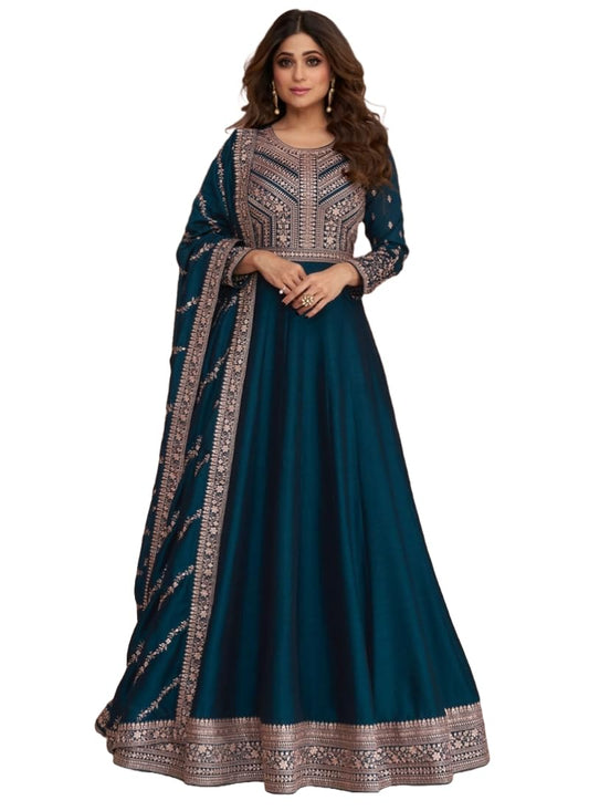 Blue Color Anarkali Gown with Dupatta Set for Women, Chinon Silk Fabric || Ethnic Gown (in, Alpha, L, Regular, Blue (Rama))