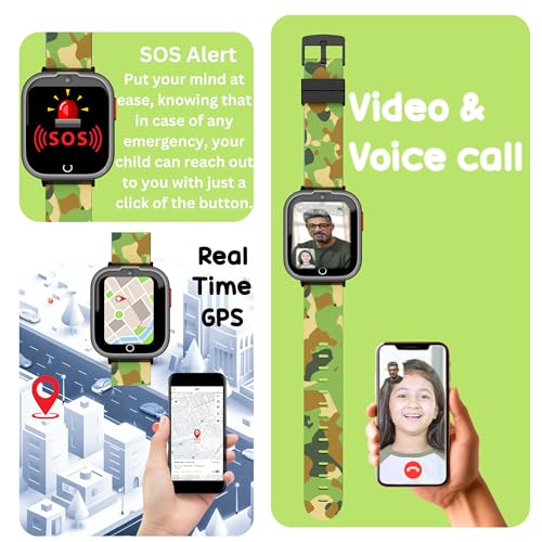 SPIKY 4G Kids Smart Watch with Video Calling, GPS Tracker, WiFi & SIM Support | Calling Smartwatch for Boys & Girls | SOS, Safe Zone, IP67 Waterproof, Camera, Pedometer (Camo Green)