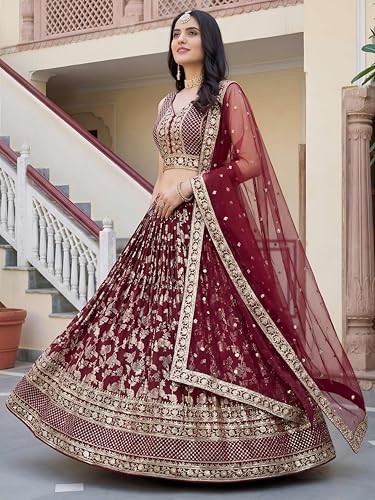 Zeel Clothing Women's Sequins Zari Embroidered Dola Silk Jacquard Lehenga Choli With Dupatta (7100-Maroon-Women-New-Lehenga-Choli, Free size) (Maroon)