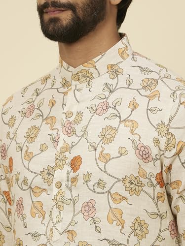 Manyavar Men's Beige Bel Buti Patterned Kurta (XXL)